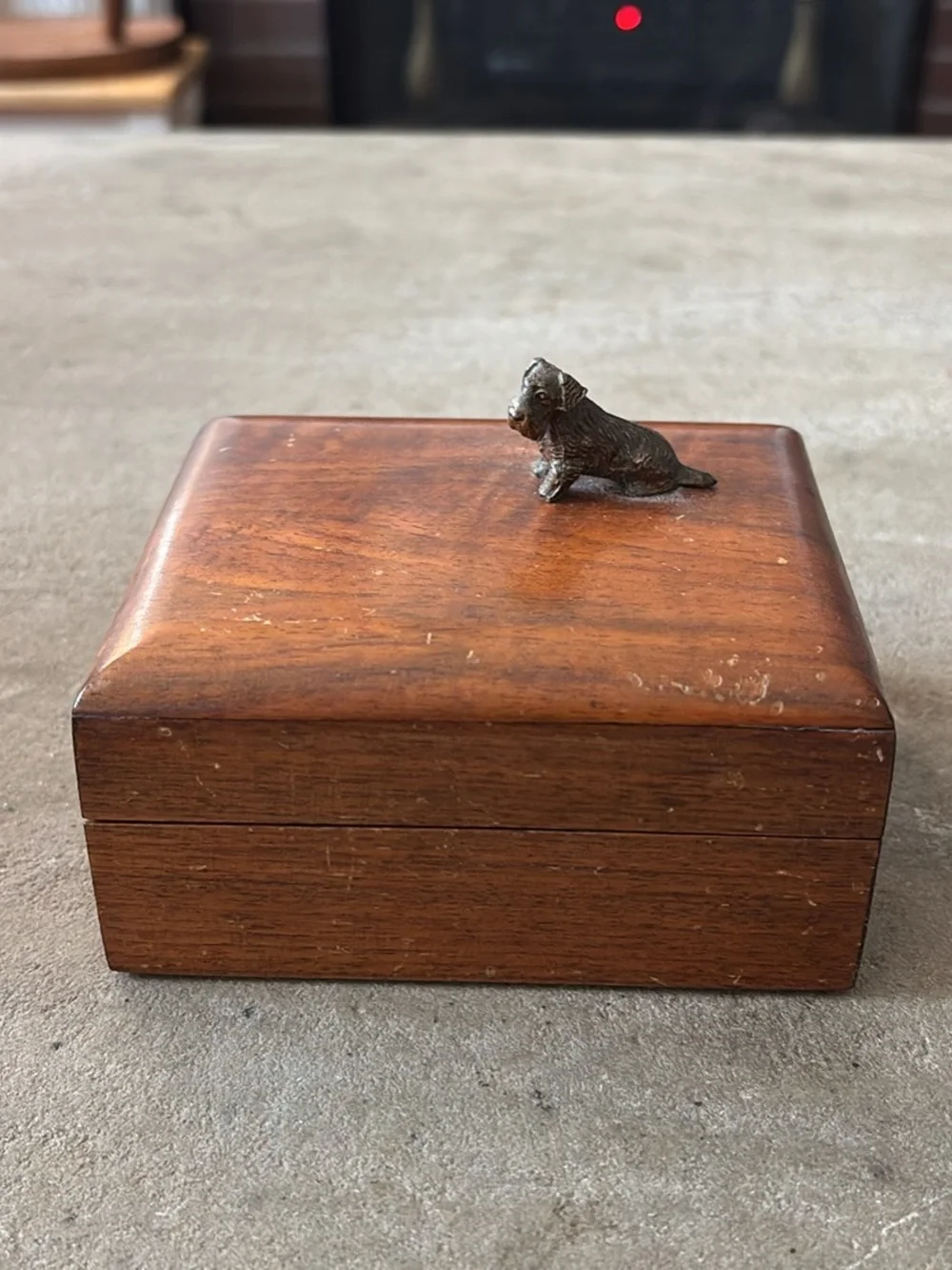 Vintage Wooden Trinket Box with Metal Scottie Dog Figurine